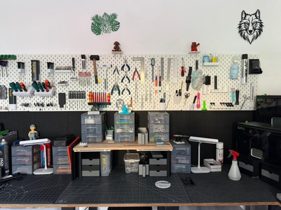 Werkstatt mit Regalen, Werkzeugen und Aufbewahrungsboxen an einer Wand.